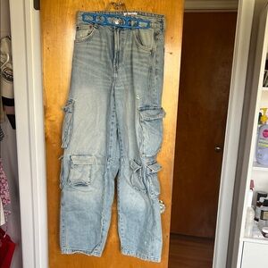 Zara Light Wash Cargo Wide Leg Jeans